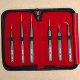 close up 6 Piece black Vetus ESD Safe Tweezer Set Anti-Static with Storage Case vetus tweezers ESD-10, ESD-11, ESD-12, ESD-13, ESD-14, ESD-15