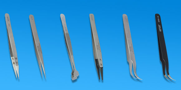 Various style Vetus tweezers aligned vertically SA, ST, ESD, ESD Exchange Tips, Wafer handling  Tweezers, Ceramic Tip Tweezers