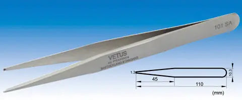 101-SA Type SS Straight ( Long Fine Tip) High Precision Vetus Stainless Tweezers - Electro-Optix Inc.